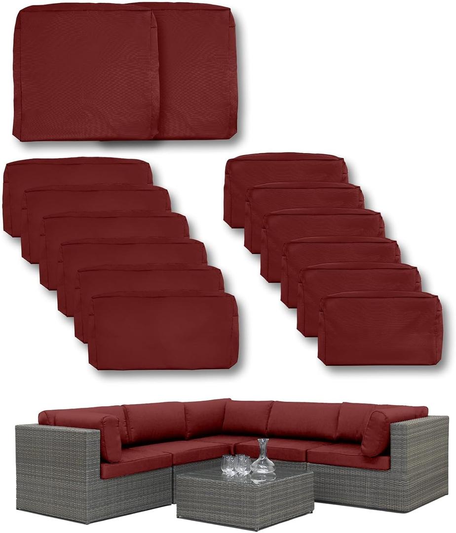 14 Piece Outdoor Patio Cushion Covers Replacement (2 Seat Covers, 6 Back Covers, and 6 Side Covers) Outdoor Cushion Slipcovers with Zipper for Outdoor Furniture (Burgundy)