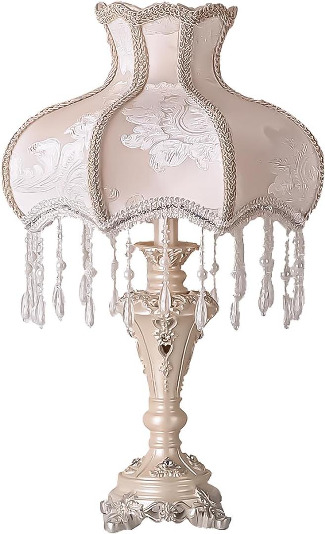 Classical Victorian Table Lamp European Style Fabric Desk Lamps with Fringe Beaded Lampshade Painted Resin Base Handmade Vintage Flower Bedside Night Light for Bedroom Living Room Office (13inch)