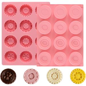 2Pcs 3D Round Silicone Tire Mold for Chocolate, 12-Cavity Silicone Truck Wheel Mold for Chocolate, Candy, Jelly, Fondant.