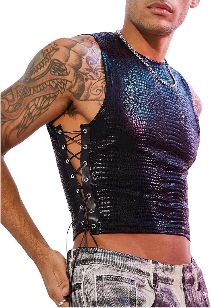 SHENHE Men's Y2k PU Leather Lace Up Tank Tops Mesh Sleeveless Punk Clubwear Cropped Vest (Black, S)