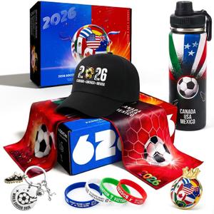 Exun Soccer Fan Gift Basket Set 2026 – 9 Piece Sports Accessories Bundle with Stainless Steel Tumbler, Towel, Keychain, Hat, Wristband & Metal Pin – Triple Nation Flag Design, World Soccer Lover Gift