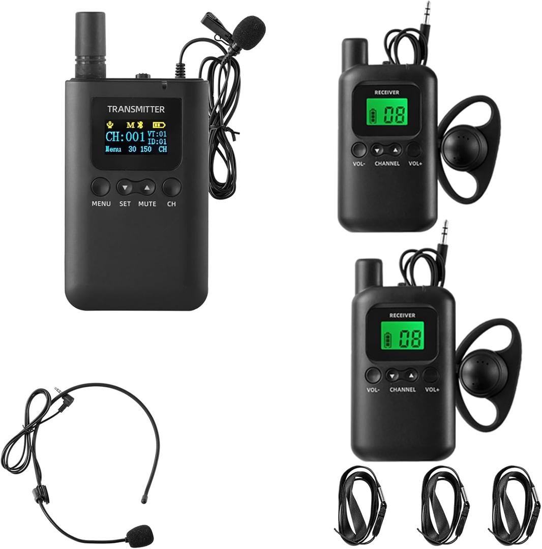 Wireless Tour Guide System,Long Range 200m/656ft,Upgraded Noise Reduction,Classic Style, 40H Long Battery,Upgraded Noise Reduction, for Court,Training,Interpreter (1 Transmitter 2 Receivers)
