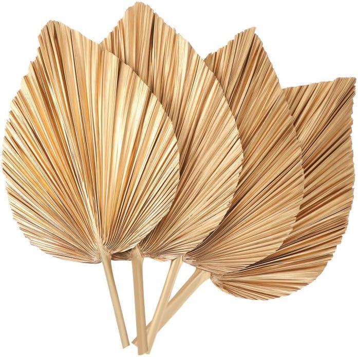 4 Pcs Large Gold Dried Palm Leaves, Home Wedding Decor Natural Boho Dried Palm Fans with Stem,Tropical Palm Leaves Boho for Vase Baby Shower Anniversary