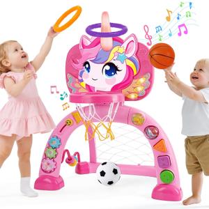 AONTESS Toddler Basketball Hoop & Soccer Goal: Activity Center with Ring Toss – Unicorn Sports Play Set | Toys for Baby Toddlers 1218 Months & Boys Girls Ages 13 | Indoor Outdoor Birthday
