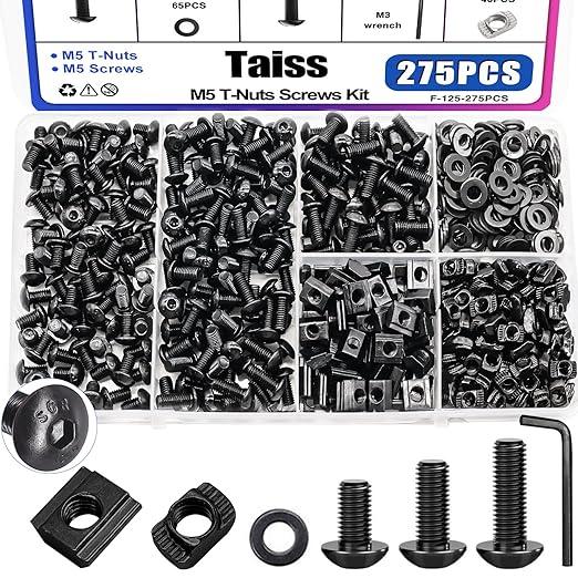 Taiss 275PCS M5 T-Nuts and Bolts Kit for 2020 Aluminum Extrusion Hardware,T Sliding Nut,T-Slot Nut,M5x8/10/12mm Hexagon Socket Screws and Washers with Hex Wrench