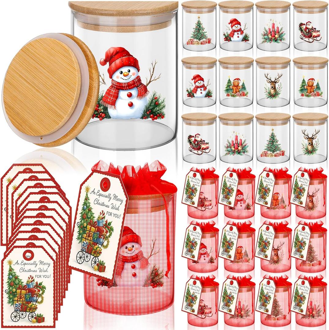 Yungyan 12 Set Christmas Glass Storage Jars with Airtight Lid 17oz Candy Jar Gingerbread Snowman Canister Containers Sets Xmas Cookie Jars with Cards and Organza Bags Winter Countertop Decoration Gift