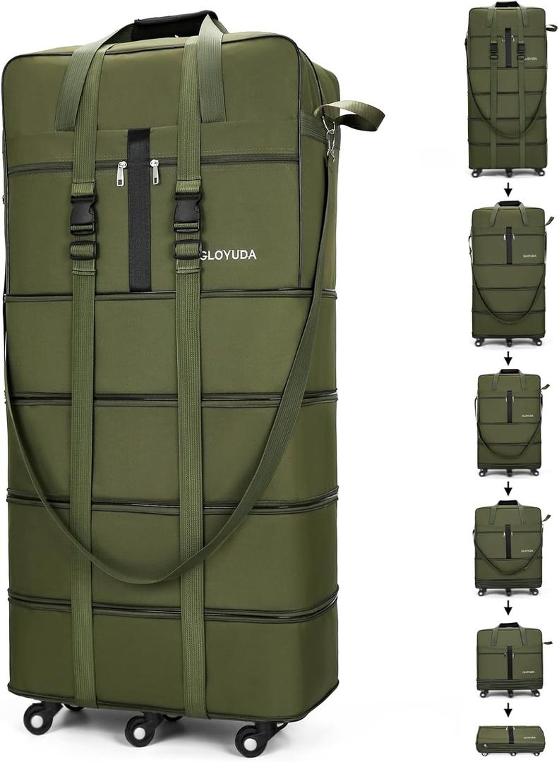 130L Expandable Luggage, 43 Inch Extra Large Suitcase with Wheels, Collapsible Luggage, Rolling Duffle Bag with Wheels, Big Suitcases with a Handle Wrap Shoe Bag Shoulder Strap (Green)
