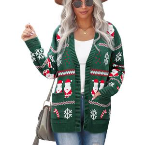 LUKYCILD Ugly Christmas Cardigan Sweaters for Women Button Down Sweaters with Pockets Open Front Knit Cardigan Funny Sweater (Green)