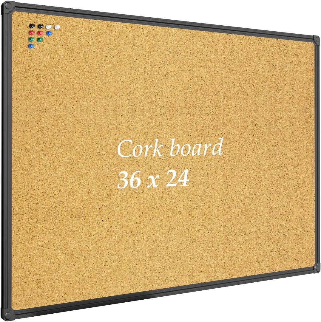 JILoffice Corkboard Bulletin Board 36 x 24 Notice Board, Black Aluminum Frame Wall Mounted Board for Office Home and School with 10 Push Pins