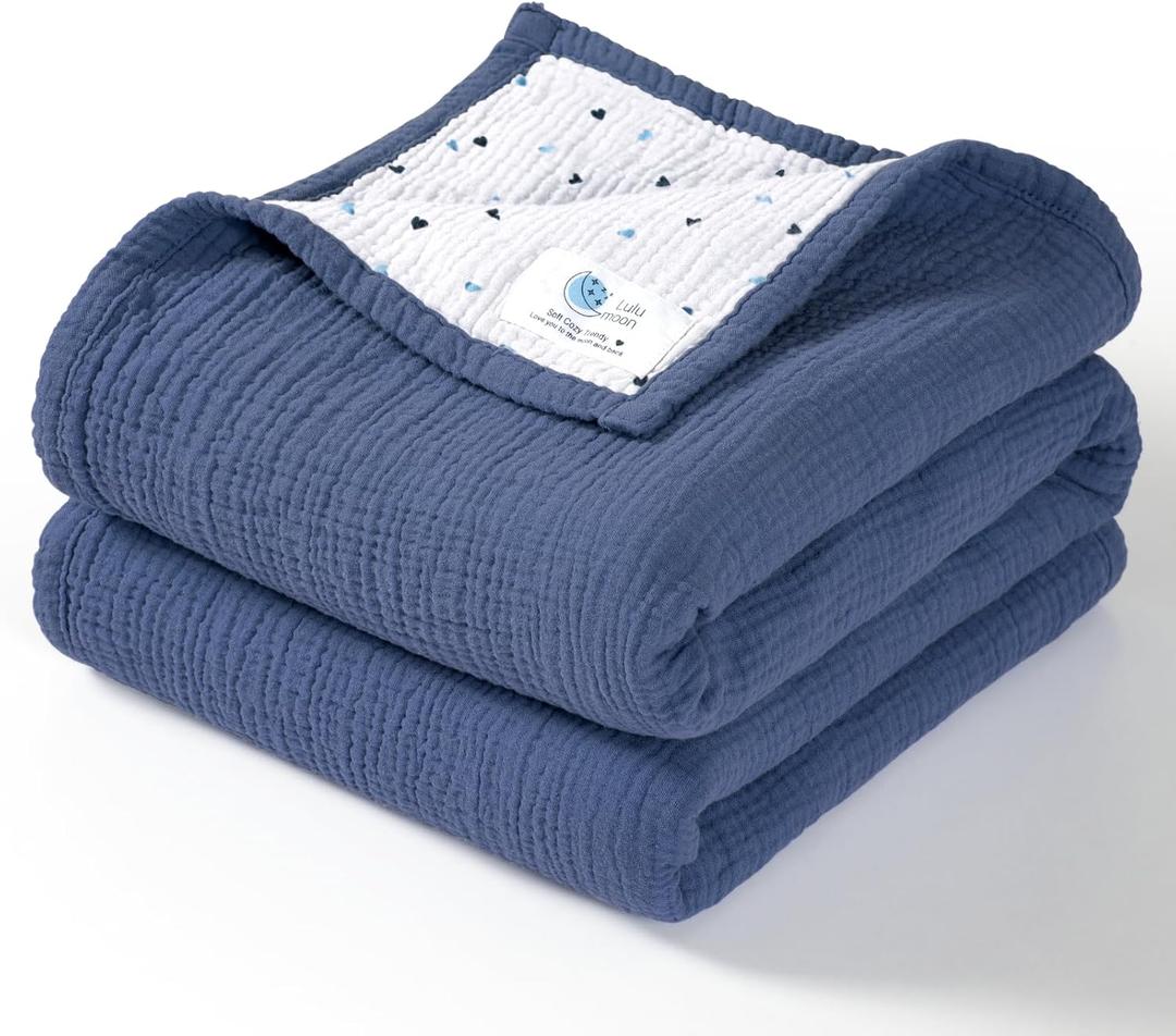 Lulu moon Muslin Baby Blanket - Cotton Quilt Blankets for Toddlers - Reversible Nursery Crib Blanket for Baby Boys and Girls 47"x47"(Blue)