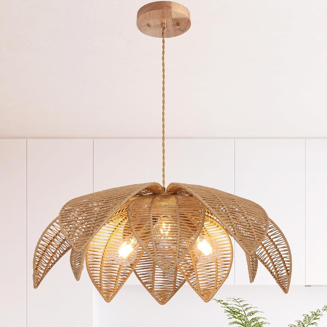 Farmhouse Chandeliers for Dining Room, 3-Light Rattan Boho Chandelier Light Fixture Hand Woven Wicker Pendant Light 24", Coastal Hanging Pendant Light for Kitchen Island Bedroom Living Room, 24in