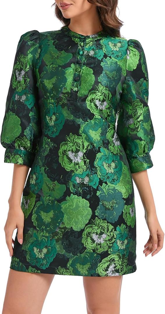 Ladyful Women's Floral Jacquard Shift Dress 2025 Long Puff Sleeve Button Up Elegant Cocktail Party Mini Dress (Medium, Green)
