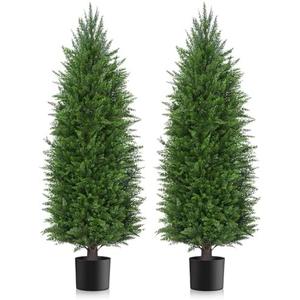 AOKIIE 5FT Artificial Cedar Topiary Trees UV Protection for Outdoor 2PCS | 60 Inch Tall UV Protection Fake Cypress Trees for Outdoors, Potted Pine Plants for Patio, Porch, Home, Doorway Decor