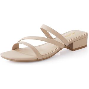 Ankis Black Nude White Strappy Heels Women 1 Inch Low Chunky Block Heel Heeled Sandals Square Open Toe Slip On Slides Mules, Size 11