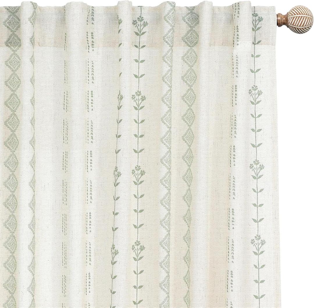 63 Inch Length Curtains 2 Panels Set,Sheer Linen Boho Sage Green Cream White Spring Leaf Curtains for for Living Room Kitchen Window Treatments