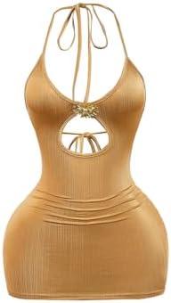 Milumia Women's Metallic Cut Out Halter Mini Dress Sleeveless Backless Party Bodycon Short Dresses,  Gold, Small