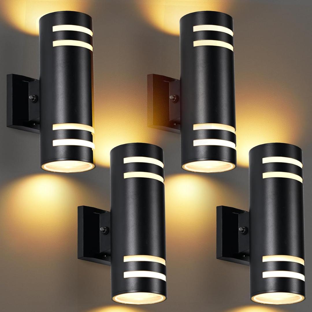 Dusk to Dawn Wall Light Pack of 4, Modern Outdoor Wall Lights with LED Bulbs, Cylinder Black Porch Light Fixture Wall Mount, Up and Down Lighting Outdoor Wall Sconce for House Porch Door