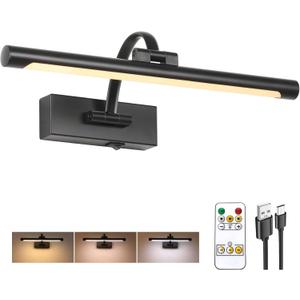 Tassuowell Wireless Battery Operated Picture Light,Rechargeable Wall Light with Remote and Timer,15.75 Inch Black Dimmable Painting Light,3CCT with Adjustable Swing Arm for Display Gallery Lighting