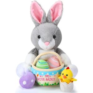 Skylety 6 Pcs 14 Inch Easter Bunny with Basket Eggs and Chick, My First Plush Easter Bunny Rabbit Stuffed Animal with Filled Basket Plush Playset for Egg Hunt Party Favors Stuffers Fillers Gifts