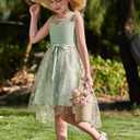 Arshiner Girls Dresses Formal Party Wedding Tulle Sleeveless Contrast Mesh High Low Dress with Belt (Green, L)
