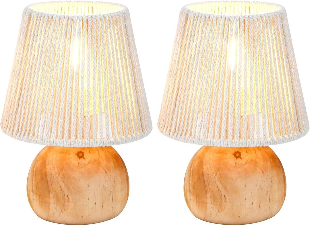 8-Inch Braided Cotton Rope Table Lamp - 2-Pack, Cordless Battery-Powered with Wooden Base, Ideal for Living Room, Bedroom, Dormitory, and Office