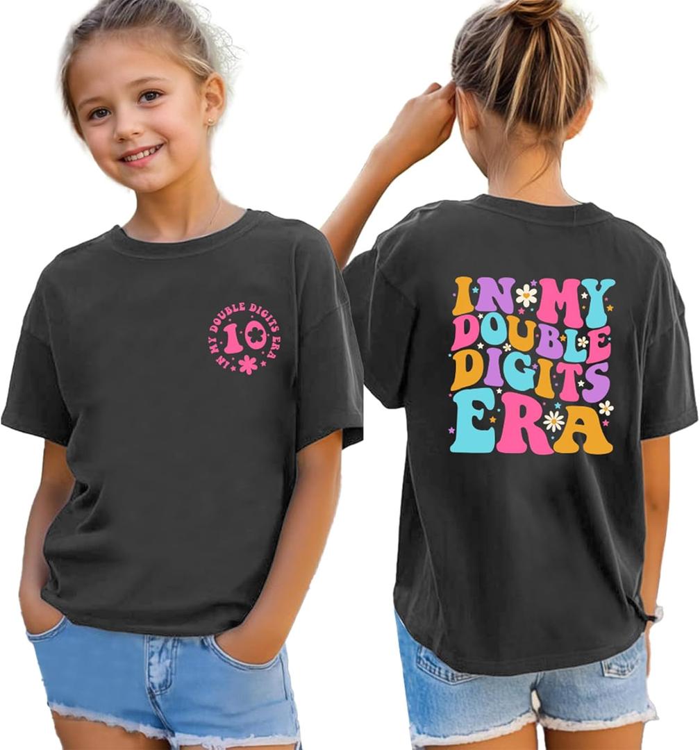 in My Double Digits Era Birthday Girls Shirts 10 Year Old Girl Tshirt 10th Birthday Shirts for Girls Party Gift Tee Tops (Black)