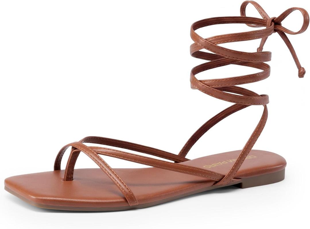 DREAM PAIRS Womens Strappy Flat Sandals - Comfortable Lace Up Gladiator Dressy Sandals, Square Toe Tie Up Walking Sandal, Summer Wrap Up Vocation Sandal Mermaid Shoes (8, Brown)