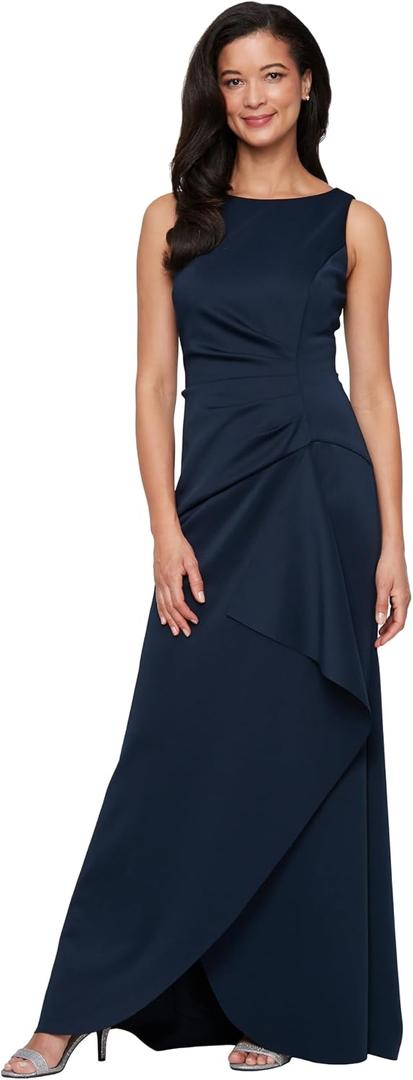 Alex Evenings Women's Sleeveless Stretch Scuba Crepe Mother of the Bride Dress with Tucked Waist and Cascade Detail Skirt (Blue) 14