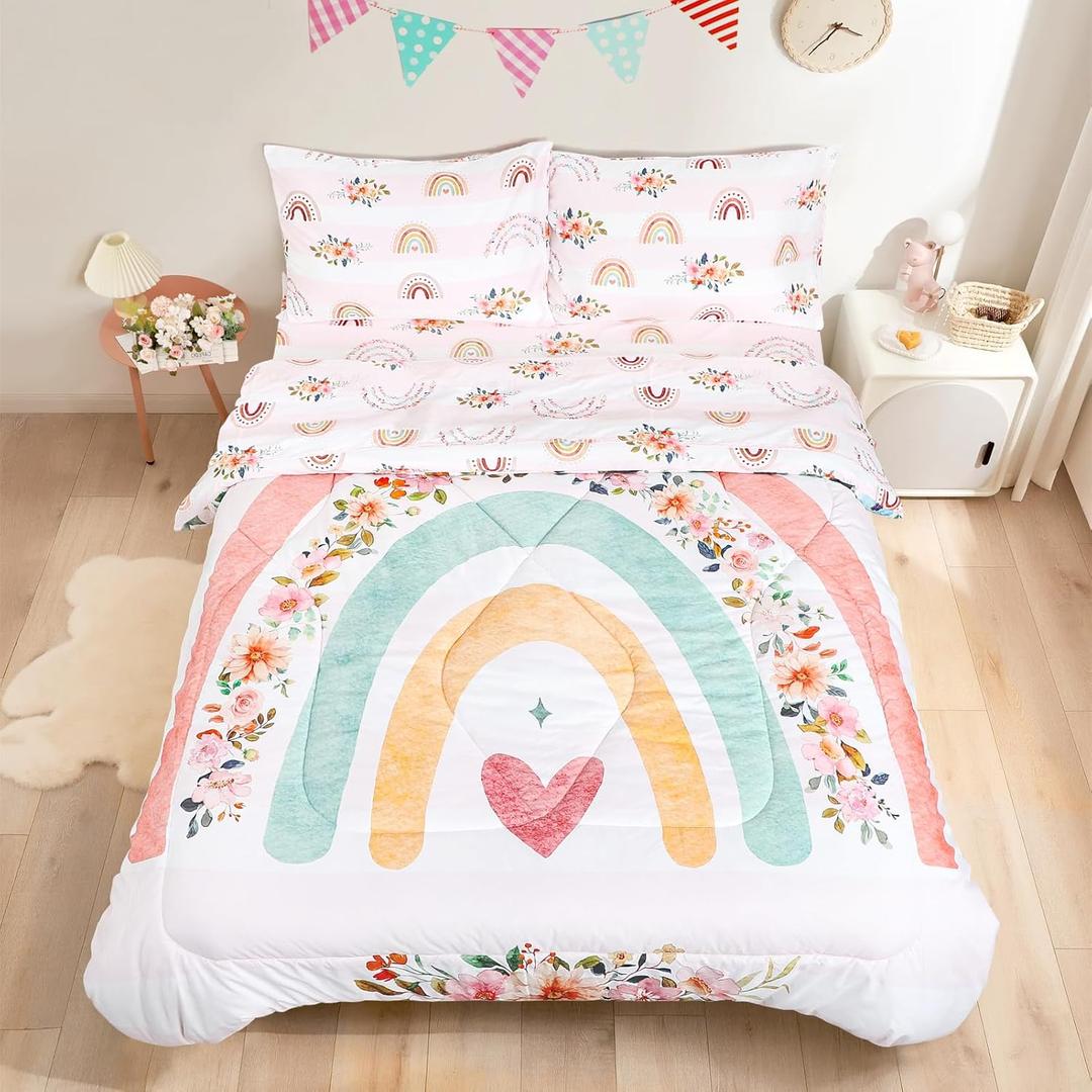Toddler Bedding Sets Twin Size for Girls, Rainbow Toddler Crib Bedding Set 5 Piece Floral Toddler Comforter Set Includes Flat Top Sheet, Fitted Sheet, Comforter, Envelope Pillowcase, Soft & Comfort