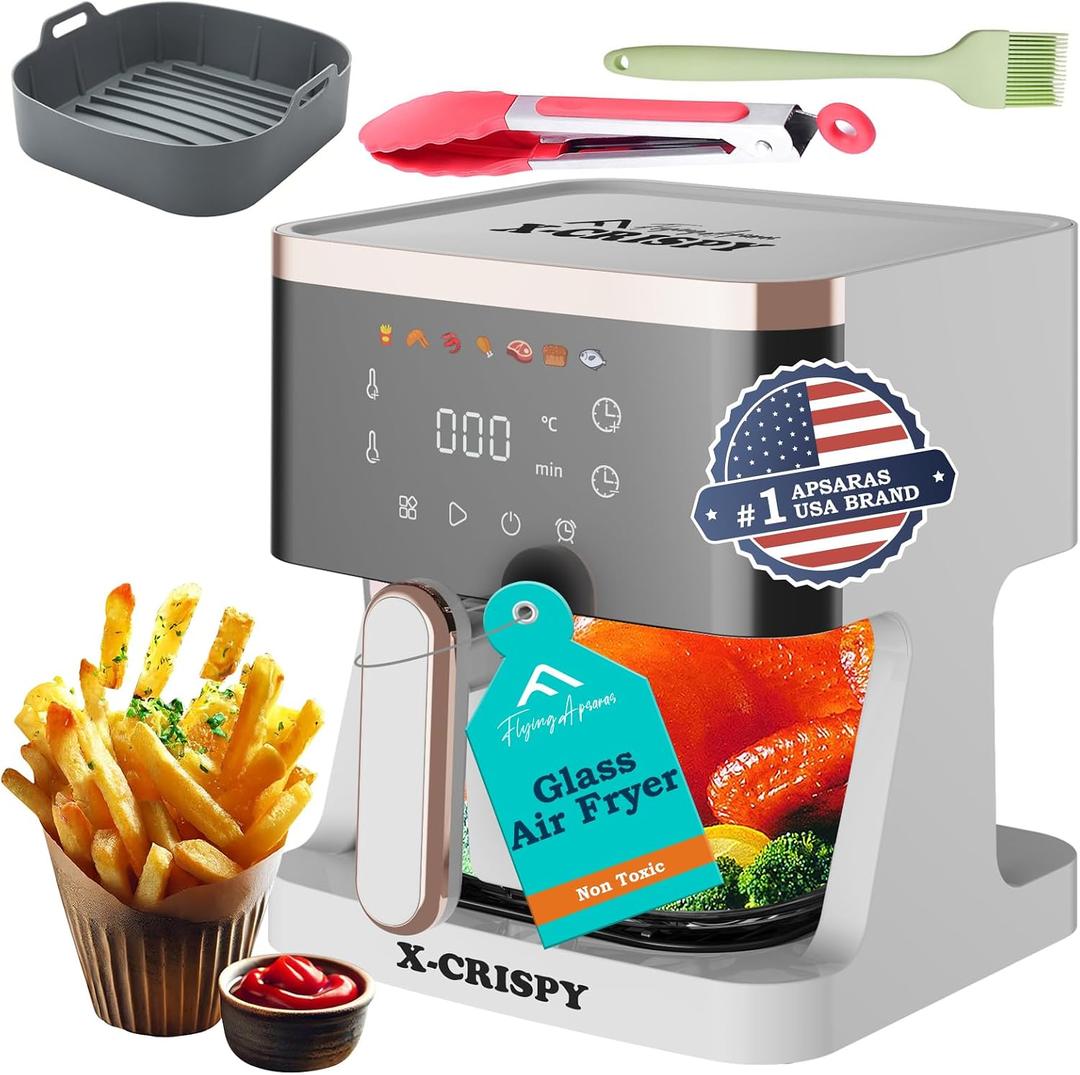 APSARAS USA Air Fryer Glass, 5.2QT Convection Oven Glass Air Fryer Non Toxic, Transparent Fry Bowl | Cook Shrimp, Steak, Fries, Wings, Chicken & More | Precise Temperature Control & Time
