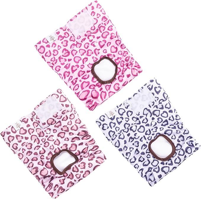 CuteBone Dog Diapers Female Washable Small Medium Large 3 Pack Reusable Doggie Diapers Puppy Period Pants for Doggy D54M Leopard Heart Heat Cycle Diapers (Pack of 3)