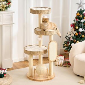 Modern Cat Tree Small Tower with Scratching Post for Indoor, Solid Wood Multifunctional Corner Cat Tree Tower with Bed