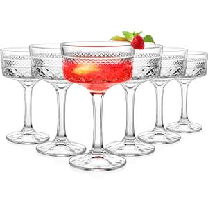 6 Pcs Ribbed Coupe Glasses, 10 oz Vintage Cocktail Coupe Glasses Set, Unique Martini Glass, Classic Galssware, Bar Drinking Glasses Set Pefect for Cocktail, Wine, Champagne & Gift (Clear)