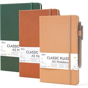 feela Hardcover Notebook For Work, Classic Ruled Lined Journal Set School Business Supplies, with 3 Black Pens, 120 GSM, 5.1”x8.3”, 3 Pack, A5, Vintage Colors
