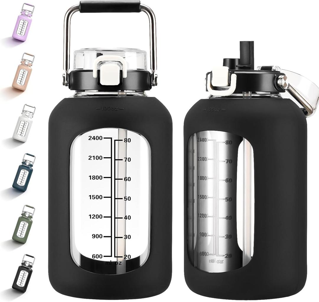 MUKOKO 100oz Glass Water Bottle with Time Marker and Silicone Sleeve 3L Large Water Jug with Stainless Steel Handle Gallon Drinking Bottle with 2in1 Lid Wide Mouth BPA Free, Black