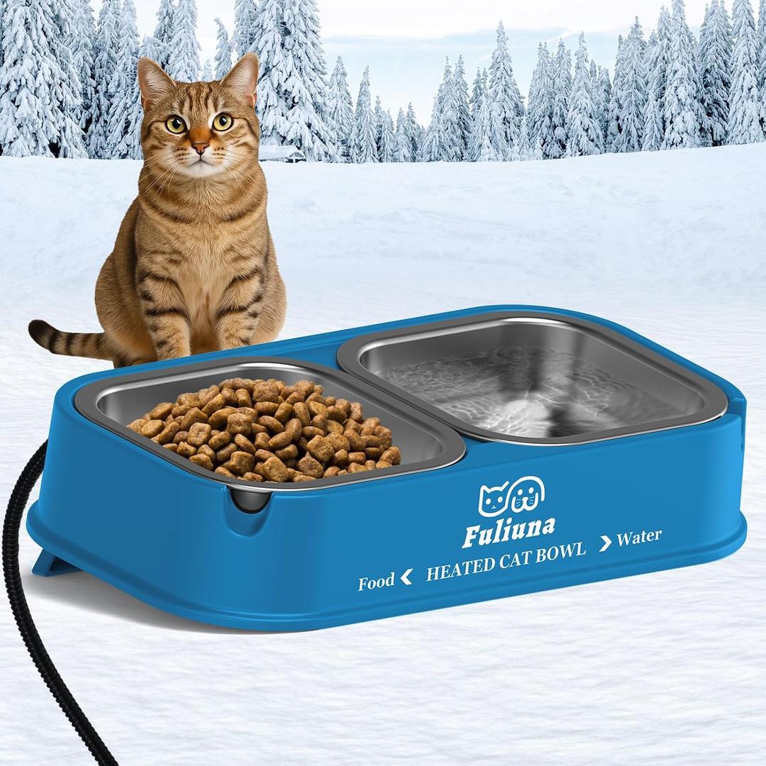 Heated Cat Bowl for Outdoor Cats, Outdoor Heated Pet Bowl with Raised Brackets to Protect Pet's Neck, 56 OZ Heated Water Food Bowls for Kitty Feral Cat, Provide Warm Water and Food in Winter. (Blue)