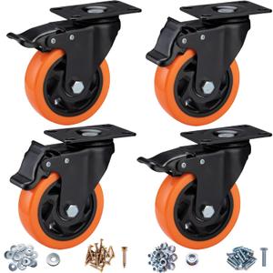 4" Caster Wheels, Casters Set of 4 Heavy Duty - Orange Polyurethane Castors, Top Plate Swivel Wheels, 4-Pack Industrial Casters with Brake, Locking Caster for Furniture and Workbench