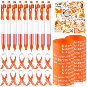 Zhanmai 250 Pcs Multiple Sclerosis Awareness Kit 50 Silicone Wristband Bracelet 50 Awareness Ribbon 50 Pins 50 Orange Ribbon Retractable Pen 50 Sclerosis Awareness Stickers for Charity Events Party