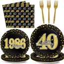 ZOIIWA 96PCS 40th Theme Birthday Party Tableware Vintage 1986 Party Supplies 40 Year Old Birthday Decorations Plates Napkins Forks Black and Gold Dinnerware Favors for Men or Women
