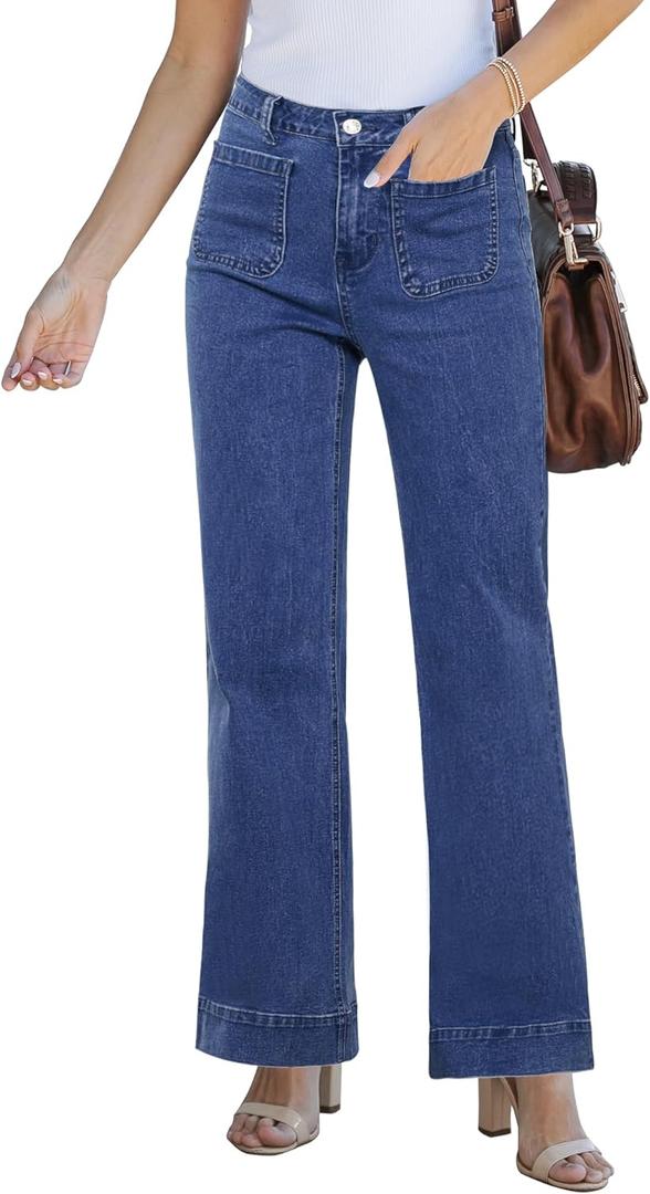 GRAPENT Wide Leg Jeans for Women High Waisted Flare Trendy Stretchy Denim Pants Duo Pockets Trouser Jeans (Blue, L)