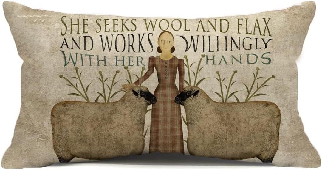 Farmhouse Sheep Throw Pillow Cover 12x20 Inch Vintage Farm She Seeks Wool and Flax Quotes Decor Lumbar Decorative Throw Pillows Cases Decorations for Couch Sofa Living Room