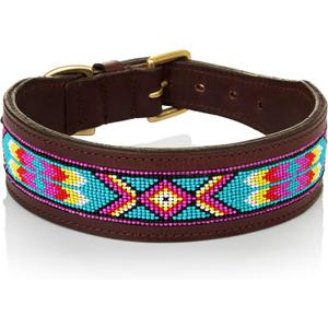 Handmade Aztec Beaded Leather Dog Collar  Genuine Leather, Tribal Design, Adjustable Buckle  for Medium & Large Dogs  Western Style, Durable & Stylish Pet Accessory (Brown, XLarge (21-25 Inch))