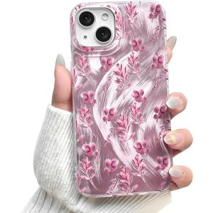 NITITOP Compatible for iPhone 14 Plus / 15 Plus Case Cute Flower Floral Leave for Women Girl Glitter Shiny Feather Yarn Style Aesthetic Shockproof Hard Protective Phone Cover - Pink