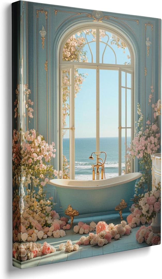 Framed Blue Sea Coast Ocean Flower Prints Bathroom Bathtub Scene Picture Wall Decor Gift Coastal Window Floral Canvas Wall Art Painting Poster Artwork (16"x24")