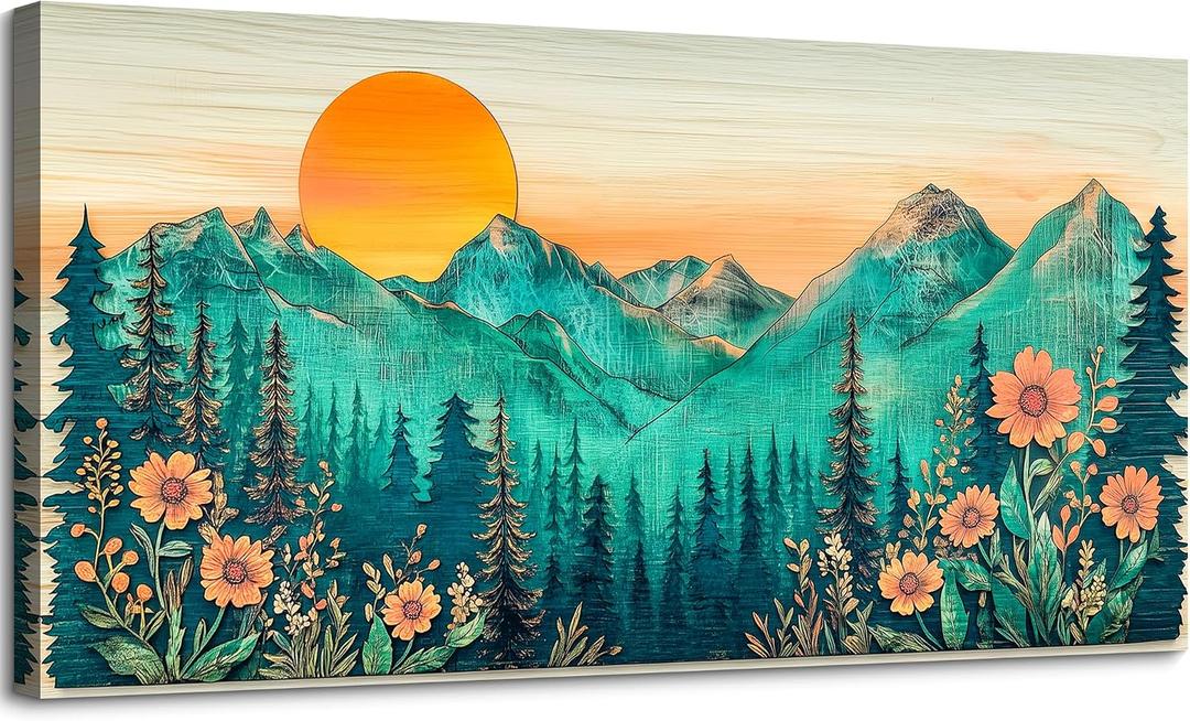 SLYCAY Large Green Mountain Wall Art for Living Room, Abstract Boho Sunset Teal Forest Floral Landscape Canvas Painting Pictures Wall Decor, Bedroom Office Hallway Prints Artwork 24"X48"