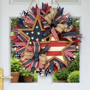 15.7 Inch Patriotic Wreaths for Front Door, 4th of July Outdoor Decorations, Red White and Blue Weather, Handcrafted Memorial Day Wreaths, Festival Celebration USA Flag Printed Wreath