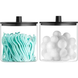 TIPGO Glass Qtip Holder Dispenser - 24 oz Clear Canister Jar, Bathroom Vanity Storage Organizer for Cotton Swabs, Pads, Floss Picks, Small Containers for Makeup Storage (Black)