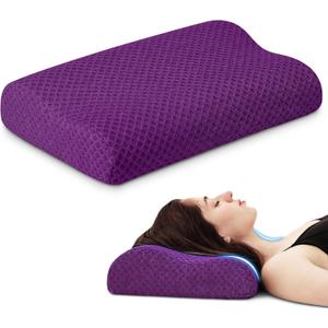 Neck Pillow for Sleeping, Travel Pillow, Camping Pillow, Ergonomic Memory Foam Compressible Medium Firm, Ideal for Home, Bedroom, Office and Camping (Purple, S) (S-15.7x10x4/3 In)