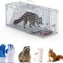 26" Live Animal Cage Trap, Heavy Duty Folding Raccoon Traps with 1x Pair of Gloves, Humane Cat Trap Galvanized Steel Animal Live Trap Cage for Raccoons Beavers Groundhogs Foxes Armadillos