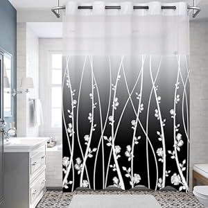 TYTYUU No Hook Shower Curtain White Snap in Liner Set, Black Ombre Floral Striped Fabric Shower Curtains for Bathroom Hotel Decor 71x74 Inches